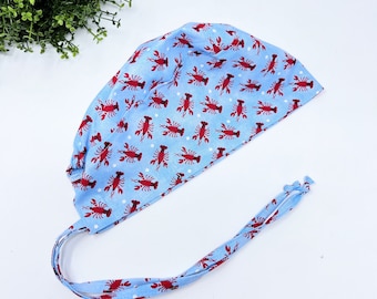 Lobster Surgical cap for men. Crawfish tie back scrub hat by Paradise Caps.