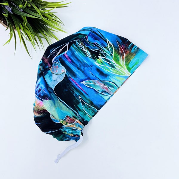 Large Floral Leaves Blue Euro Scrub Cap for Women, Surgical cap Satin Lined Option