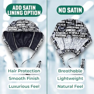 May include: Two black and white surgical scrub caps with a human anatomy print. One cap has a satin lining, and the other does not. The image includes text that says "Add Satin Lining Option" and "No Satin".