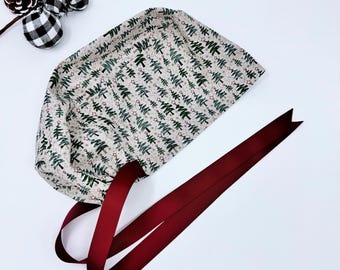 Christmas trees Euro scrub cap with ties. Winter Scrub Cap for Women with Satin Lined Option by Paradise Caps.