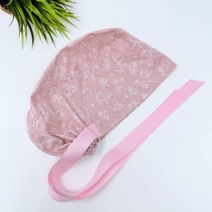 Pink & White Euro scrub cap with ties for Women, European Surgical cap with Satin Lined Option by Paradise Caps. Euro PLUS style.