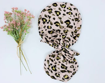 Leopard Ponytail scrub cap. Satin Lined Option.