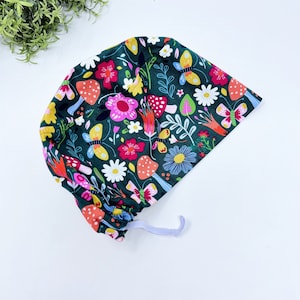 Floral Euro Scrub Cap for Women, Euro surgical hat with satin lined by Paradise Caps.