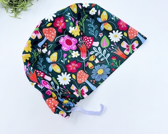 Floral Euro Scrub Cap for Women, Euro surgical hat with satin lined by Paradise Caps.