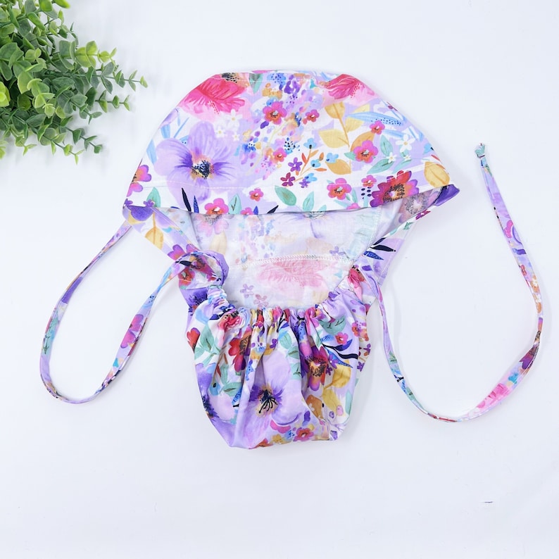 Floral ponytail scrub cap, Summer scrub cap with ponytail holder. Satin Lined Option Scrub Cap image 4