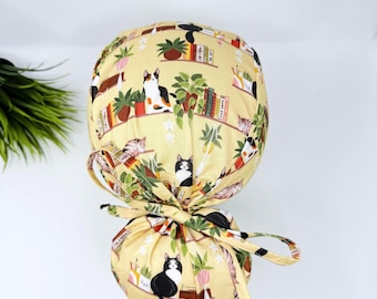 Ponytail scrub cap by Paradise Caps. Cats & Plants Surgical hat for women with satin lined option.