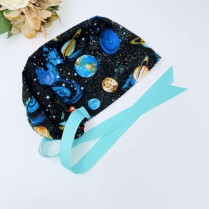 Space Euro with ties scrub cap for women. Celestial European satin lined surgical cap by Paradise Caps. Euro PLUS style.