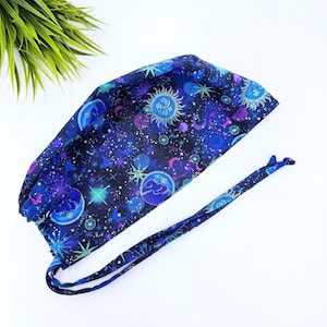 Sun Moon Stars Men's surgical scrub cap. Constellation tie back scrub hat by Paradise Caps.
