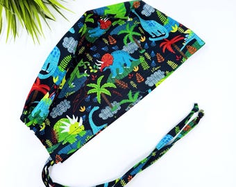 Dinosaur Men's surgical cap. Dino skull tie-back style scrub cap by Paradise Caps.
