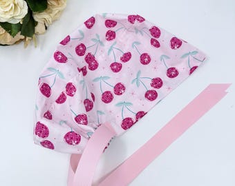 Cherries Euro scrub cap with ties for Women, Pink European Surgical cap with Satin Lined by Paradise Caps.