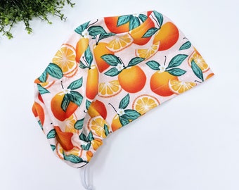 Orange Euro scrub cap for women, Fruit surgical hat with satin lined by Paradise Caps.