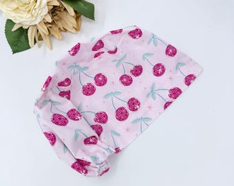 Cherries Scrub Cap for Women, Pink surgical cap with Satin Lined by Paradise Caps.