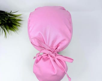 Pink Ponytail Scrub Cap for Women, Solid color Surgical hat with ponytail, satin-lined option by Paradise Caps.