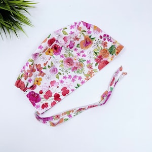 Flowers on white scrub cap, Scrub caps for women.