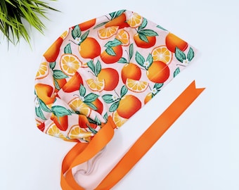 Oranges Euro Scrub Cap with Ties – Satin Lined Option by ParadiseCaps, Scrub Hats for Women, European Style Surgical Cap.