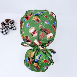 Christmas Ponytail scrub cap for women. Stocking Surgical cap with Satin Lined Option by Paradise Caps.