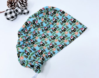 Christmas Euro scrub cap for women. Cat European satin lined surgical cap by Paradise Caps.