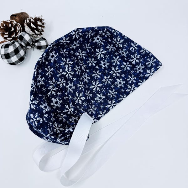 Snowflakes Euro scrub cap with ties. Winter Scrub Cap for Women with Satin Lined Option by Paradise Caps. Christmas scrub hats for women.