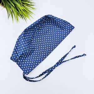 Polka Dot Surgical cap for men. Navy tie back scrub hat by Paradise Caps.