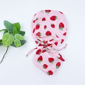 Strawberry Ponytail Scrub Cap. Satin Lined Option Surgical cap with ponytail, Scrub caps for women