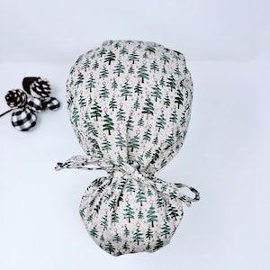 Christmas trees Ponytail scrub cap with Satin Lined. Winter trees scrub hats for women by Paradise Caps.