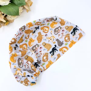 Cat Euro scrub cap for women, Funny surgical cap with satin lined by Paradise Caps.