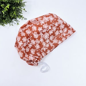 Floral Euro scrub cap for women. European satin lined surgical cap by Paradise Caps. Rust Floral - print.