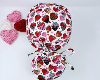 Valentine&#39;s day Ponytail scrub cap with satin lined. Strawberry surgical hat for women by Paradise Caps.