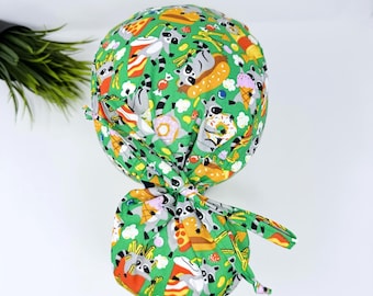 Raccoon Ponytail scrub cap women. Funny Satin Lined Option Surgical cap with ponytail by Paradise Caps.