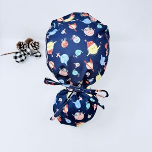 Christmas Ponytail scrub cap with Satin Lined. Winter scrub hats for women by Paradise Caps.