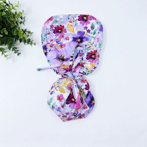 Floral ponytail scrub cap, Summer scrub cap with ponytail holder. Satin Lined Option Scrub Cap image 1