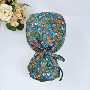 Floral Harvest Ponytail scrub cap with satin lined. Fall Surgical cap women by Paradise Caps.