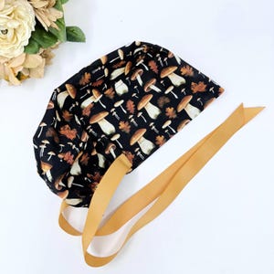 Mushroom Euro Scrub Cap for Women. Euro Scrub Cap style with ties by ParadiseCaps. Fall European Surgical cap with Satin Lined Option.