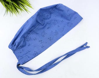 Bonnet chirurgical pour homme. Bonnet à nouer avec motif chat, de la marque Paradise Caps. Bleu.