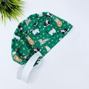 St. Patrick’s Day Euro scrub cap with ties for Women, Cat European Surgical cap with Satin Lined by Paradise Caps.  Euro PLUS style.