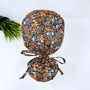 Floral Harvest Ponytail scrub cap, Thanksgiving Surgical Cap with Satin Lined Option, Fall Surgical hat women by Paradise Caps.