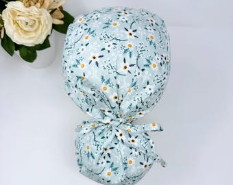 Floral ponytail scrub cap for women, Summer scrub cap with ponytail holder with satin lined option by Paradise Caps.