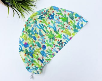 Cactus Garden - Lemongrass. Euro Scrub Cap for Women, Surgical cap Satin Lined Option