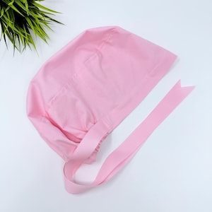 Pink Euro scrub cap with ties by ParadiseCaps. Scrub Cap for Women, European Surgical cap with Satin Lined Option.
