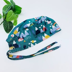 Camping Men&#39;s surgical cap. Mountain skull tie-back style scrub cap by Paradise Caps.