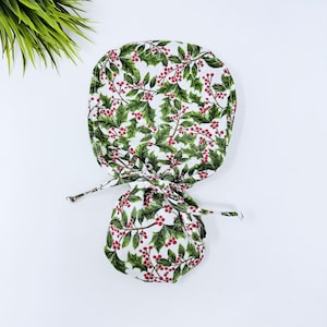 Christmas Ponytail scrub cap Satin Lined Option. Holly Berry Surgical cap women by ParadiseCaps   Christmas Splendor - print