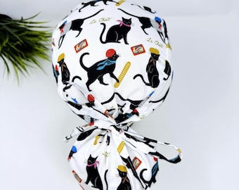 Ponytail scrub cap by Paradise Caps. Parisian Cat Surgical hat for women with satin lined option.