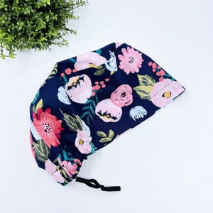 Floral Euro Scrub Cap for Women, Pink flower satin lined surgical cap by Paradise Caps.
