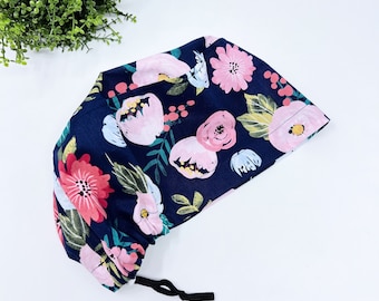 Floral Euro Scrub Cap for Women, Pink flower satin lined surgical cap by Paradise Caps.