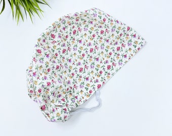 Small flowers on ivory Euro Scrub Cap for Women, Surgical cap Satin Lined Option