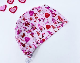 Valentine&#39;s day Euro scrub cap for women, Love Gnomes euro style surgical hat with satin lined by Paradise Caps.