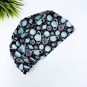 Planet Euro scrub cap for women. Space euro style surgical cap with satin lined by Paradise Caps.