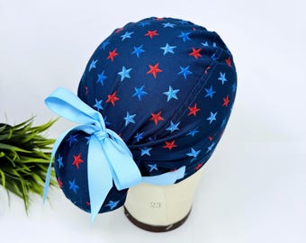 Euro scrub cap with ties for Women. Blue Star European Surgical cap with Satin Lined by Paradise Caps. Euro PLUS style.