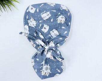 Blue diving  Ponytail scrub cap, Cat Surgical cap for women with Satin Lined Option.