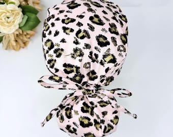Leopard Ponytail scrub cap for women. Cheetah scrub hats Satin Lined Option by Paradise Caps.